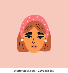 Portrait of cute brunette woman with Hairband. Avatar of European female character isolated on background. Hand drawn vector illustration for postcards, posters, social network.