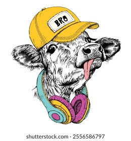 Portrait of the cute calf in a baseball cap and with headphones. Farm cow head, vector illustration. Farm animal, hand drawn graphic style