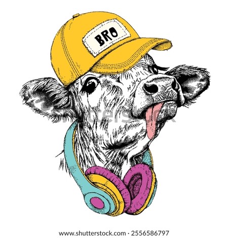 Portrait of the cute calf in a baseball cap and with headphones. Farm cow head, vector illustration. Farm animal, hand drawn graphic style