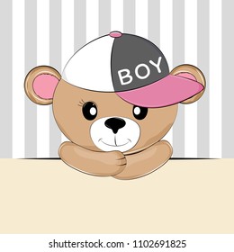Portrait cute cartoon bear in cap with the inscription boy. Sweet kids graphics for t-shirts. Greeting card.