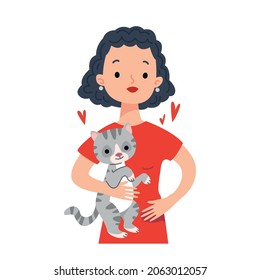 Portrait of a cute cartoon brunette girl holding a gray cat in her arms, around her heart - a symbol of love for a pet. Kitten and woman avatar, isolate on white. Cute character with animal