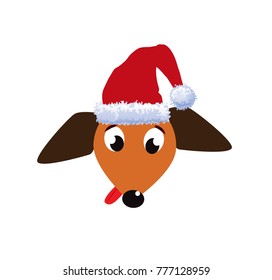 Portrait of cute cartoon dachshund dog dressed in red santa's hat isolated on white background. 2018 chinese new year of dog. Vector illustration, christmas or new year greeting card, clip art. 