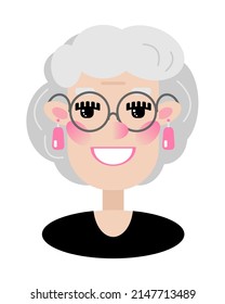 Portrait of a cute cartoon elderly woman with glasses and a smile. Funny character in a flat style. Avatar, icon, element.