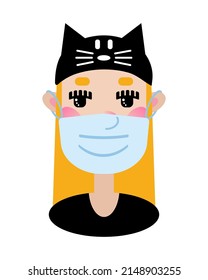 Portrait of a cute cartoon girl in a coronavirus mask and a hat with cat ears. Funny character in a flat style. Avatar, icon, element.