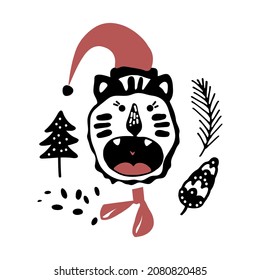 Portrait of cute cartoon hand drawn tiger for the design in scandinavian style. Black and white. Perfect for childish print, t-shirt, apparel, cards, poster, nursery decoration. Vector Illustration