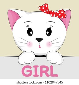 Portrait cute cartoon kitty with a red bow and inscription girl. Sweet kids graphics for t-shirts. Greeting card.