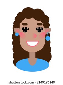 Portrait of a cute cartoon Latin American girl with a smile. Funny character in a flat style. Avatar, icon, element.