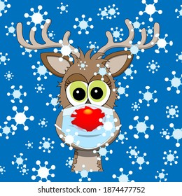 Portrait Of A Cute Cartoon 
Reindeer With His Glowing Red Nose Bursting Through A Surgical Face Mask During A Blizzard Of Coronavirus Molecules