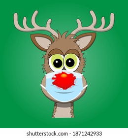 Portrait Of A Cute Cartoon Rudolph 
Reindeer With His Glowing Red Nose Bursting Through A Surgical Face Mask During The Coronavirus Pandemic