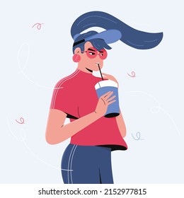 Portrait of a cute casual girl drinking  juice and looking at camera isolated over blue background