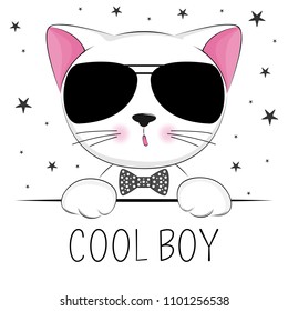 Portrait cute cat gentleman in glasses and inscription Cool Boy. Sweet kids graphics for t-shirts. Greeting card.