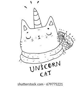 portrait of cute cat, hand drawn graphic, t-shirt print