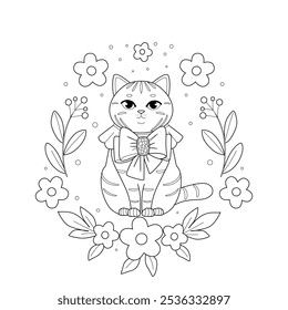 Portrait of cute cat kids coloring book. Black outline vector illustration of pet with large bow.