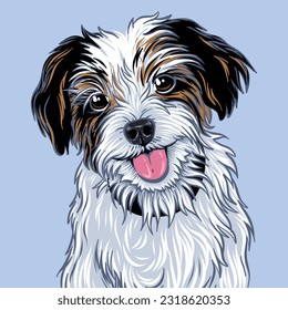 Portrait of a cute cheerful dog on a blue background. Vector illustration.