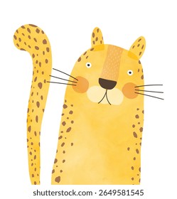 Portrait Of Cute Cheetah. Funny Print With Big Cheetah. Childish Drawing-like Vector Illustration Of Happy Leopard. Yellow Wild Cat On A White Background. Kids Room Decoration. RGB.