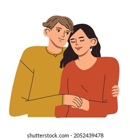 Portrait of cute couple in love. Young man and woman looking at each other. Boyfriend hugging his girlfriend. Hand drawn vector colorful funny cartoon style illustration. 