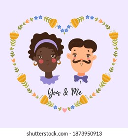 Portrait of a cute couple. Valentine s day mood. Vector graphics.