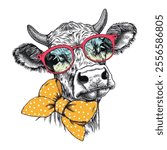 Portrait of the cute cow in a glasses and with bow. Farm cow head, vector illustration. Farm animal, hand drawn graphic style.