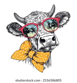 Portrait of the cute cow in a glasses and with bow. Farm cow head, vector illustration. Farm animal, hand drawn graphic style.