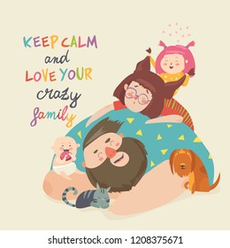 Portrait of cute crazy family. Mother, father, children, pets