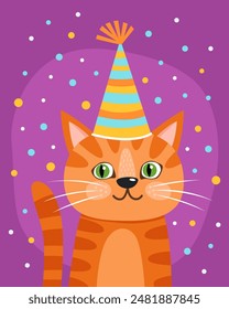 Portrait of a cute curious cat in a festive cap. Orange tabby cat with green eyes. Purple background, multicolored confetti. Birthday card. Cute cartoon illustration.