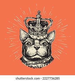 Portrait of cute Dog in english crown. Pet animal, puppy pug, bulldog head sketch. Vintage vector illustration