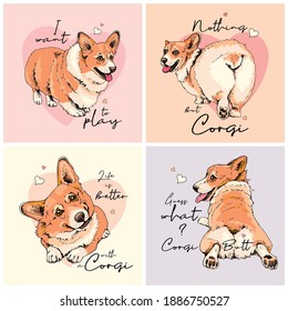 Portrait of a cute Dogs. Set of Funny Characters. Welsh Corgi in a different poses. Hand drawn style print. Vector illustration.