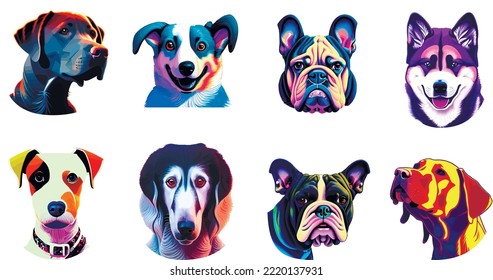 Portrait of cute dogs. Set of vector illustrations. Dalmatian, Labrador, Husky, Bulldog, Doberman, Shiba Inu, Akita, Corgi, Chihuahua, Dachshund