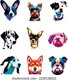 Retrato de perros lindos. Conjunto de ilustraciones vectoriales. Dalmatiano, Labrador, Husky, Bulldog, Doberman, Shiba Inu, Akita, Corgi, Chihuahua, Dachshund