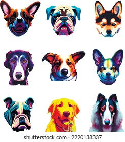 Retrato de perros lindos. Conjunto de ilustraciones vectoriales. Dalmatiano, Labrador, Husky, Bulldog, Doberman, Shiba Inu, Akita, Corgi, Chihuahua, Dachshund