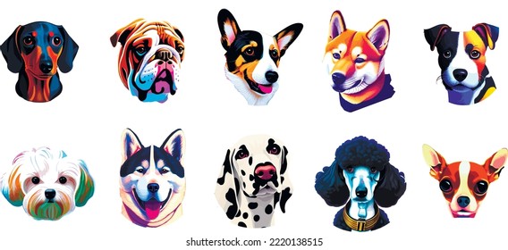 Portrait of cute dogs. Set of vector illustrations. Dalmatian, Labrador, Husky, Bulldog, Doberman, Shiba Inu, Akita, Corgi, Chihuahua, Dachshund