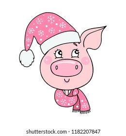 Portrait of a cute dreamy pig dressed in a hat and a scarf with snowflakes. Cheerful vector illustration for design of the New Year and Christmas. Symbol of the year 2019.