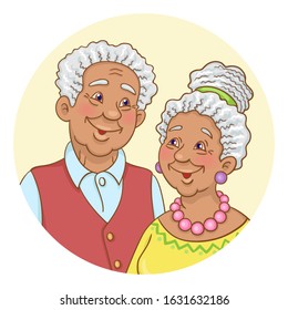 Portrait of  a cute elderly afro american couple.  Composition in the circle. In cartoon style. Isolated on a white background. Avatar icon. Vector illustration.