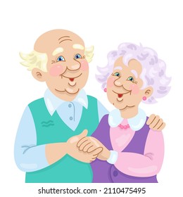 Portrait of a cute elderly couple. Adult man and woman stand embracing. In cartoon style. Isolated on white background. Vector illustration