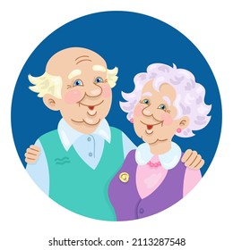 Portrait of a cute elderly couple. Adult man and woman embrace. Avatar icon in dark blue circle. In cartoon style. Isolated on white background. Vector illustration