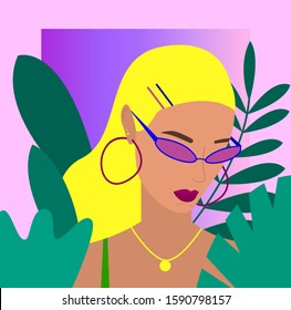Portrait of the cute fashionable blond-haired girl with trendy sunglasses and hair clips. Vector illustration in cartoon style.