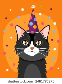 Portrait of a cute fluffy black cat with orange eyes. Сat in a festive cap. Birthday card. Bright orange background, multicolored confetti. Cute cartoon illustration.