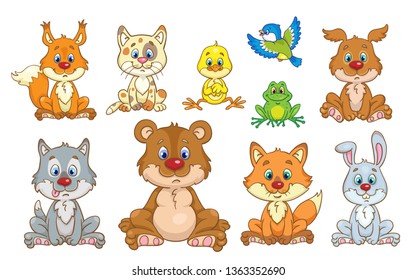 Portrait of cute forest animals.  In cartoon style. Isolated on white background. Vector illustration.
