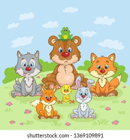 Portrait of cute forest animals that are sitting in the meadow. Bear, wolf, fox, squirrel, rabbit, frog and chicken. In cartoon style. Vector illustration