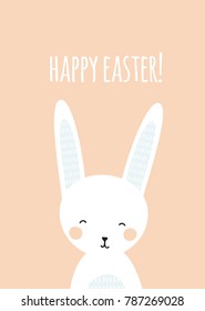 a portrait of cute funny bunny smiling;  happy Easter poster or card with a rabbit; vector flat cartoon illustration