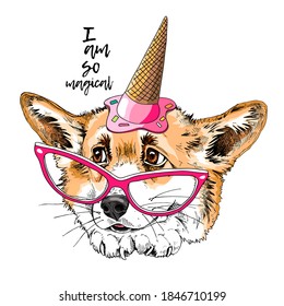 Portrait of the cute funny Corgi dog in the glasses and in the Ice Cream party hat. Humor card, t-shirt composition, hand drawn style print. Vector illustration.