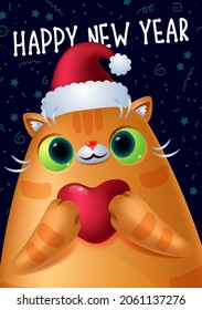 Retrato lindo gato jengibre Santa da corazón. Ilustración de Navidad y Año Nuevo Tarjeta de felicitación, Cartel, Afiche, Volante. Arte vectorial