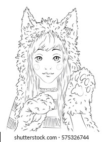 Portrait of a cute girl in animal hat. Young woman with long hair in striped pullover, cat hat and paw gloves. Vector illustration in hand drawn sketch style for your design, website and prints.