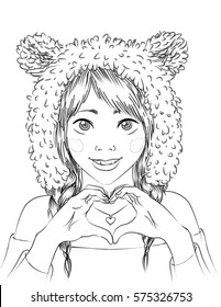 Portrait of a cute girl in animal hat making heart sign by her hands. Young woman with braids in bear hat. Vector illustration in hand drawn sketch style for your design, prints. Valentines day card.