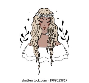 Portrait of cute girl, boho icon avatar, female face tattoo. Bride with a wreath of flowers, sketch. Vector hand drawing illustration isolated on white background.