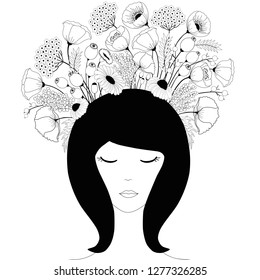 Portrait of a cute girl with a decorative floral wreath in black and white colors