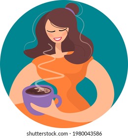 Portrait of a cute girl drinking tea or coffee. Young woman in an orange dress with a large mug. Avatar, icon for advertising, print, web design. Vector illustration . Flat style.
