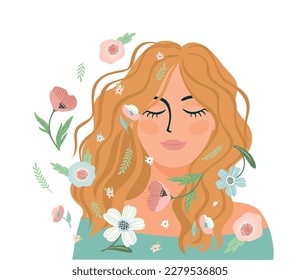 Retrato de una linda chica con flores. Autocuidado, amor propio, armonía. Ilustración aislada.