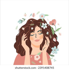 Portrait of cute girl with flowers. Self care, self love, harmony. Isolated vector design.