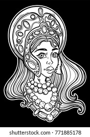 Portrait of a cute girl in flowers the style of boho. Isolated vector illustration. T-shirt print, poster and cards.
